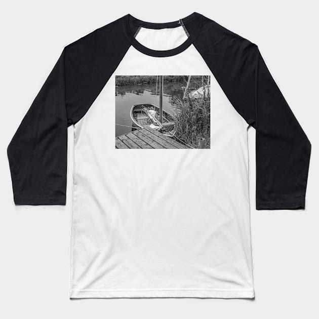 Small wooden boat moored to a quay heading on the Norfolk Broads Baseball T-Shirt by yackers1